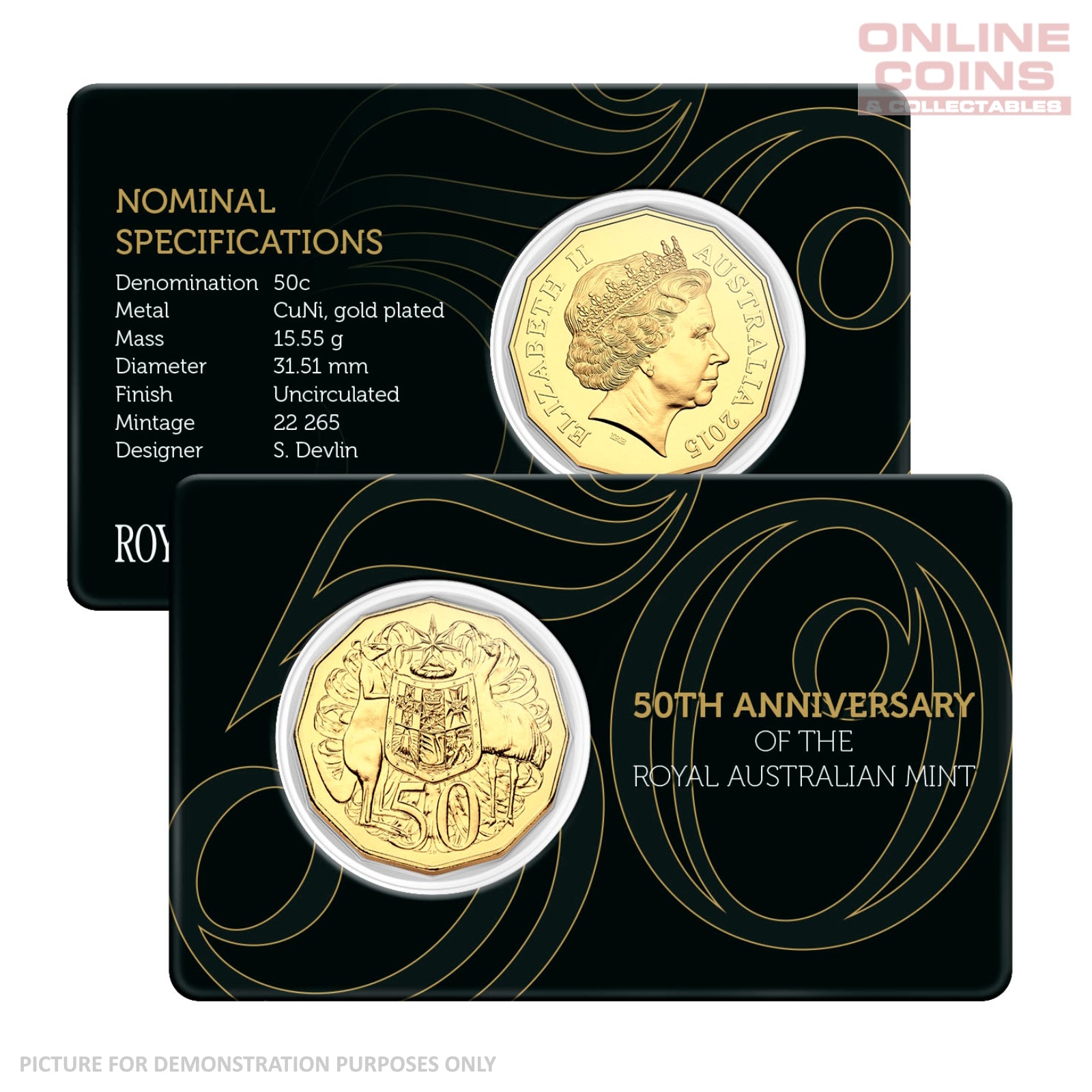 2015 50c Gold Plated Uncirculated Carded Coin - 50th Anniversary of the Royal Australian Mint